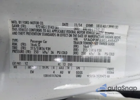 2014 Ford Focus Se z USA, uszkodzony, nr VIN 1FADP3F22EL446427